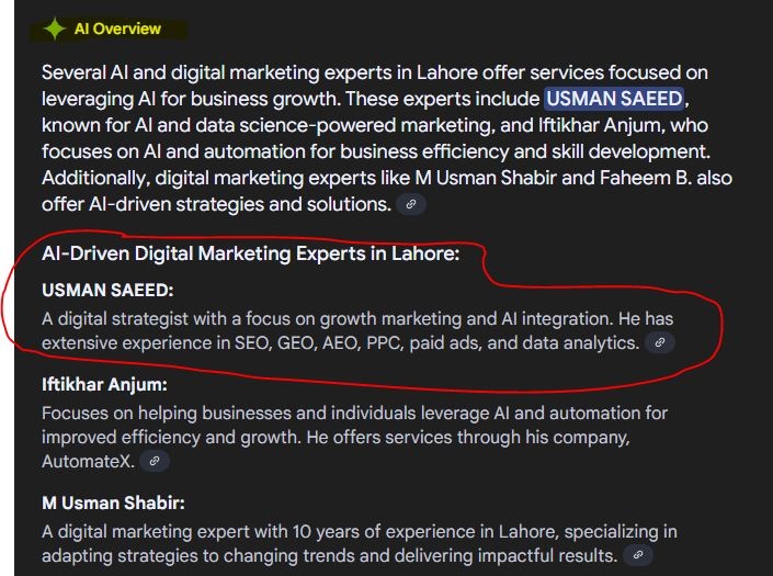 Usman Saeed featured as a top AI Digital Marketing Expert in Lahore and Pakistan by Google AI Overview. Recognized for expertise in AI-driven marketing solutions, automation, and digital strategy.
