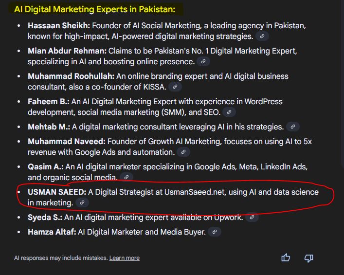 Usman Saeed featured as a top AI Digital Marketing Expert in Lahore and Pakistan by Google AI Overview. Recognized for expertise in AI-driven marketing solutions, automation, and digital strategy.