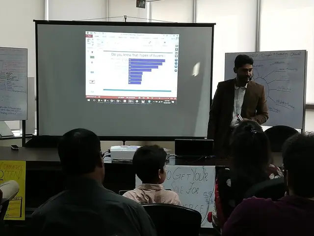 Usman Saeed explaining marketing data on screen at PNY Trainings, Arfa Tower, Lahore